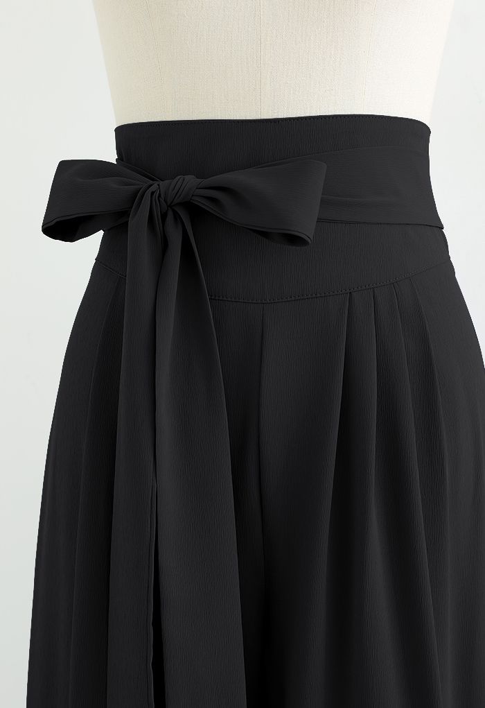 Bowknot High Waist Wide-Leg Pants in Black