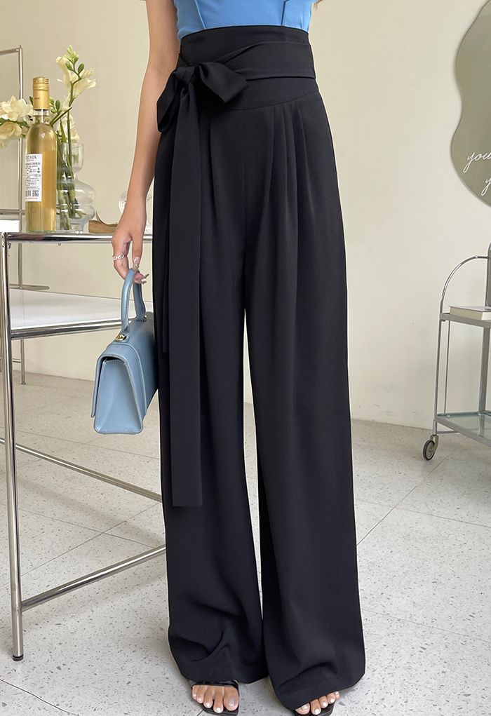 Bowknot High Waist Wide-Leg Pants in Black