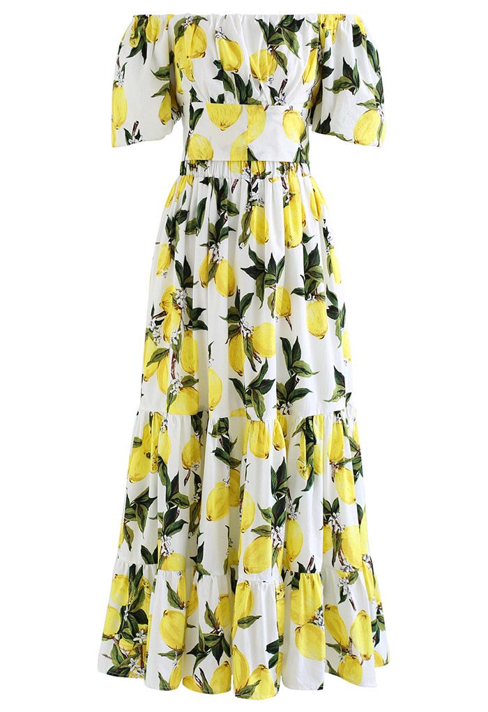 Off-Shoulder Bowknot Crop Top and Flare Skirt Set in Lemon Print