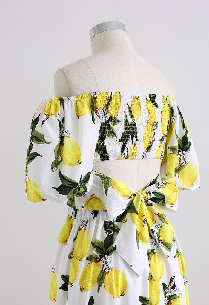 Off-Shoulder Bowknot Crop Top and Flare Skirt Set in Lemon Print