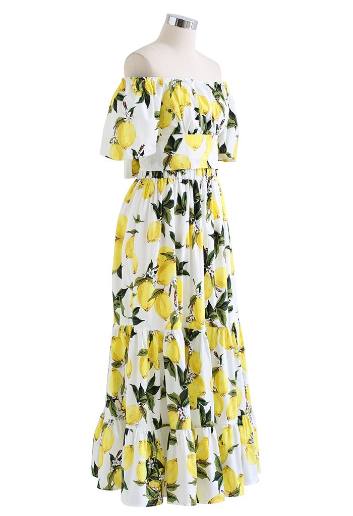 Off-Shoulder Bowknot Crop Top and Flare Skirt Set in Lemon Print