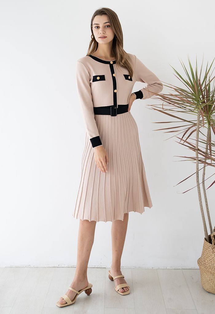 Belted Contrast Color Pleated Knit Dress