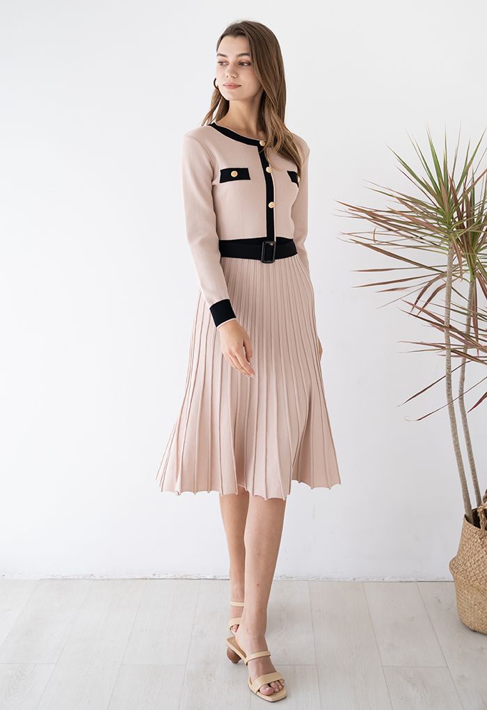 Belted Contrast Color Pleated Knit Dress