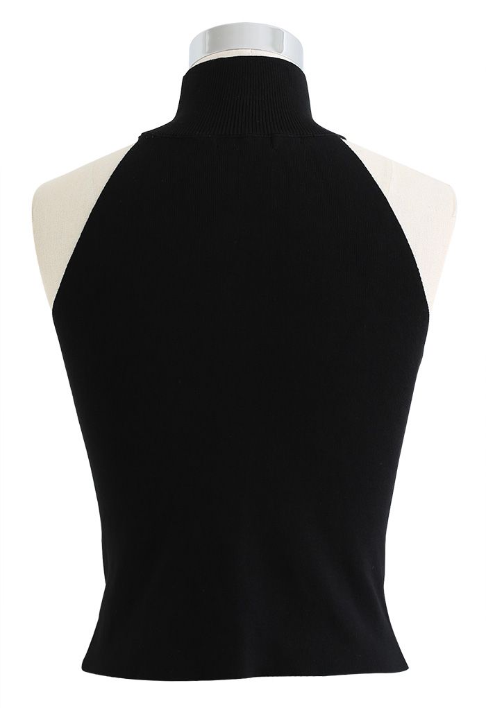 Halter Mock Neck Fitted Knit Tank Top in Black