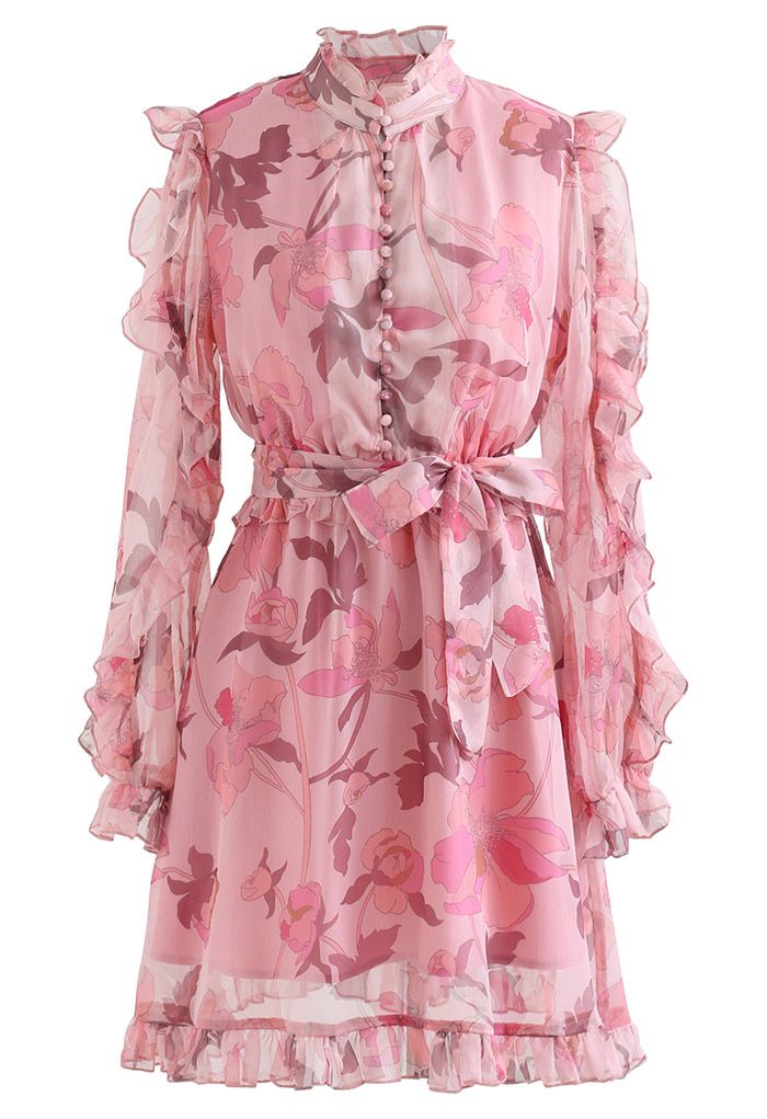 Blush Pink Floral Ruffle Belted Dress