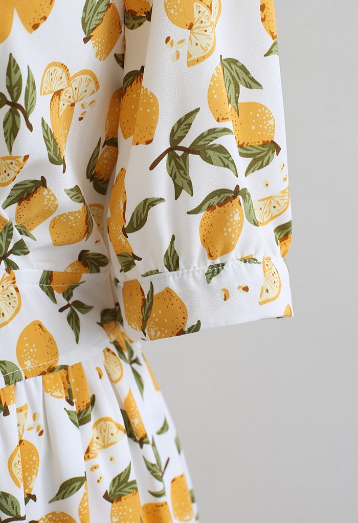 Summer Lemon Print Frilling Wrapped Dress