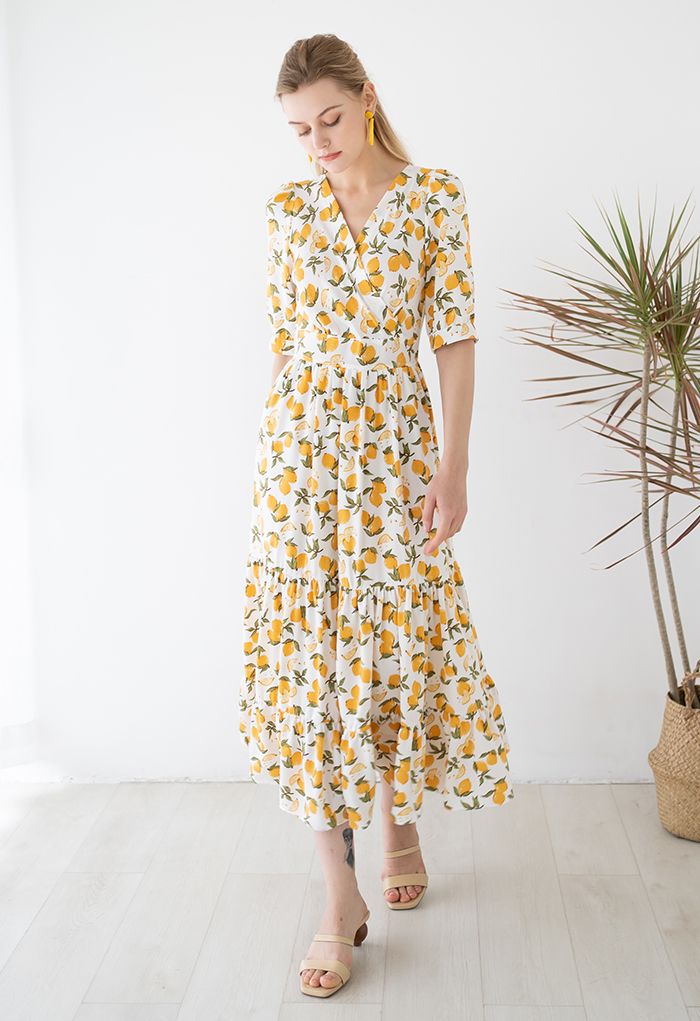 Summer Lemon Print Frilling Wrapped Dress