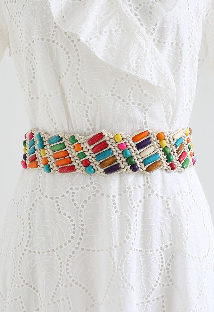 Colorful Wooden Bead Woven Belt in Ivory