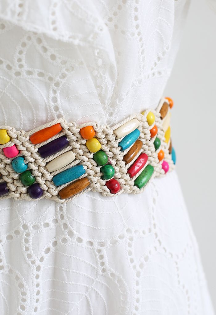 Colorful Wooden Bead Woven Belt in Ivory