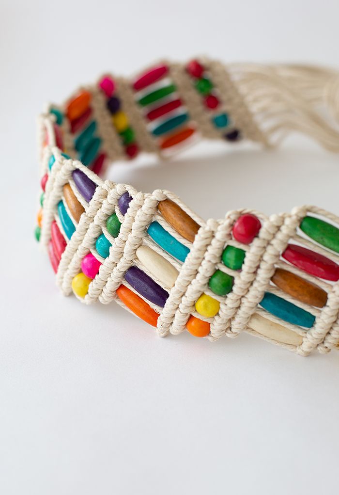 Colorful Wooden Bead Woven Belt in Ivory