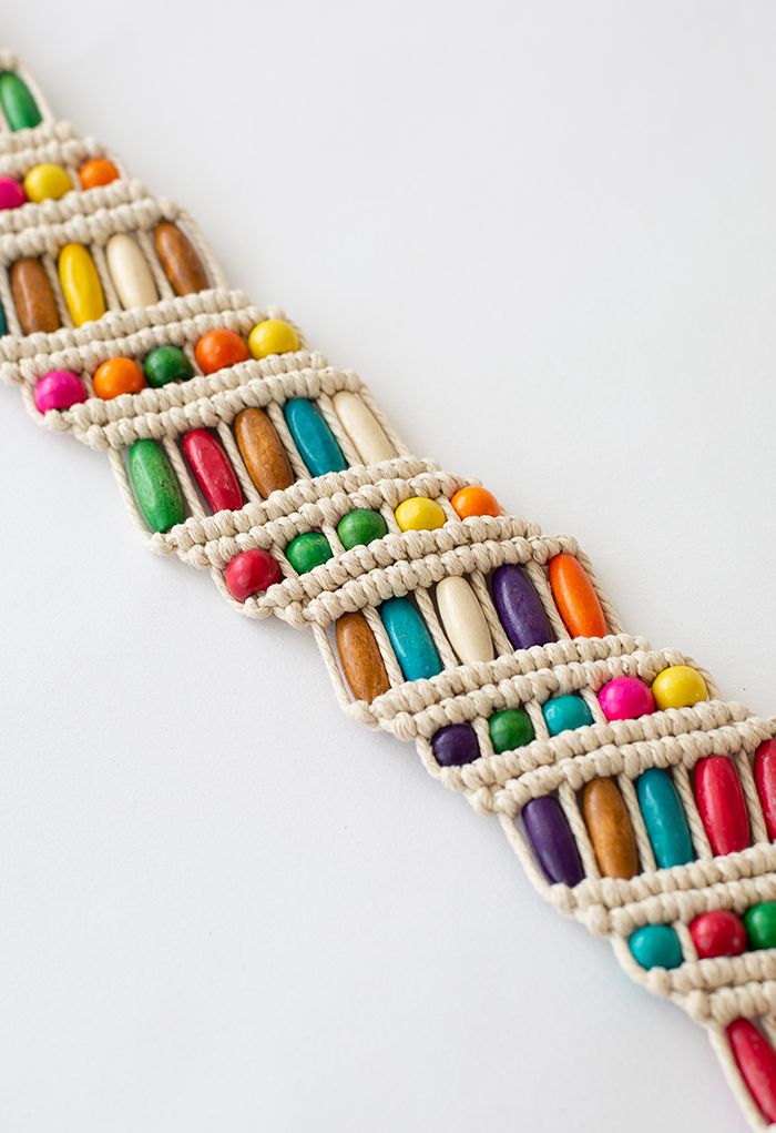 Colorful Wooden Bead Woven Belt in Ivory