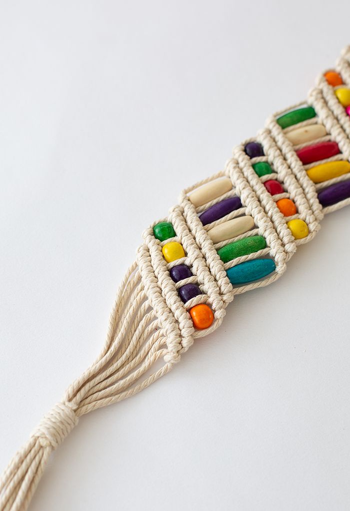 Colorful Wooden Bead Woven Belt in Ivory