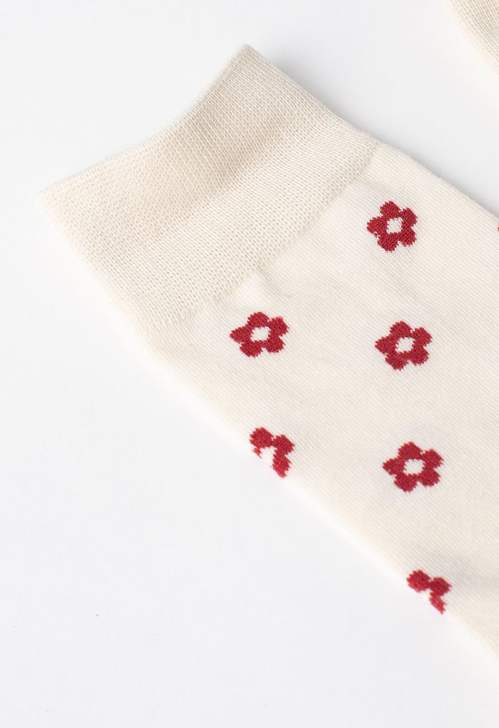 Red Floret Jacquard Crew Socks