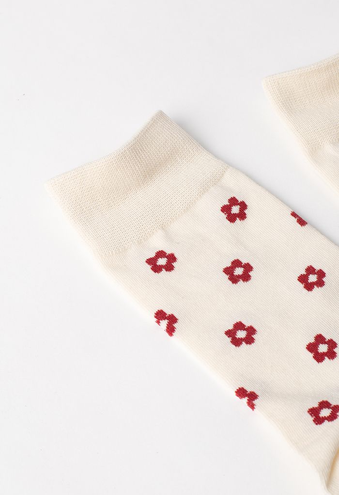 Red Floret Jacquard Crew Socks