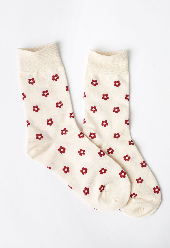 Red Floret Jacquard Crew Socks