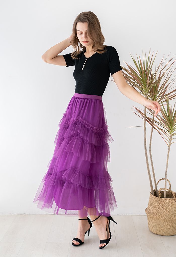 Exquisite Tiered Ruffle Mesh Tulle Skirt in Magenta