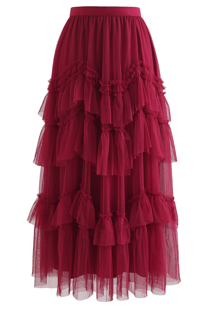 Exquisite Tiered Ruffle Mesh Tulle Skirt in Red