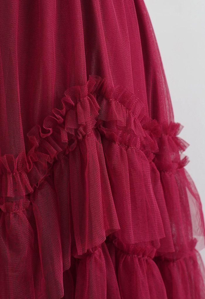 Exquisite Tiered Ruffle Mesh Tulle Skirt in Red