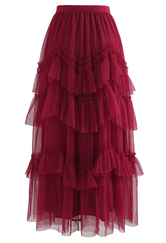 Exquisite Tiered Ruffle Mesh Tulle Skirt in Red