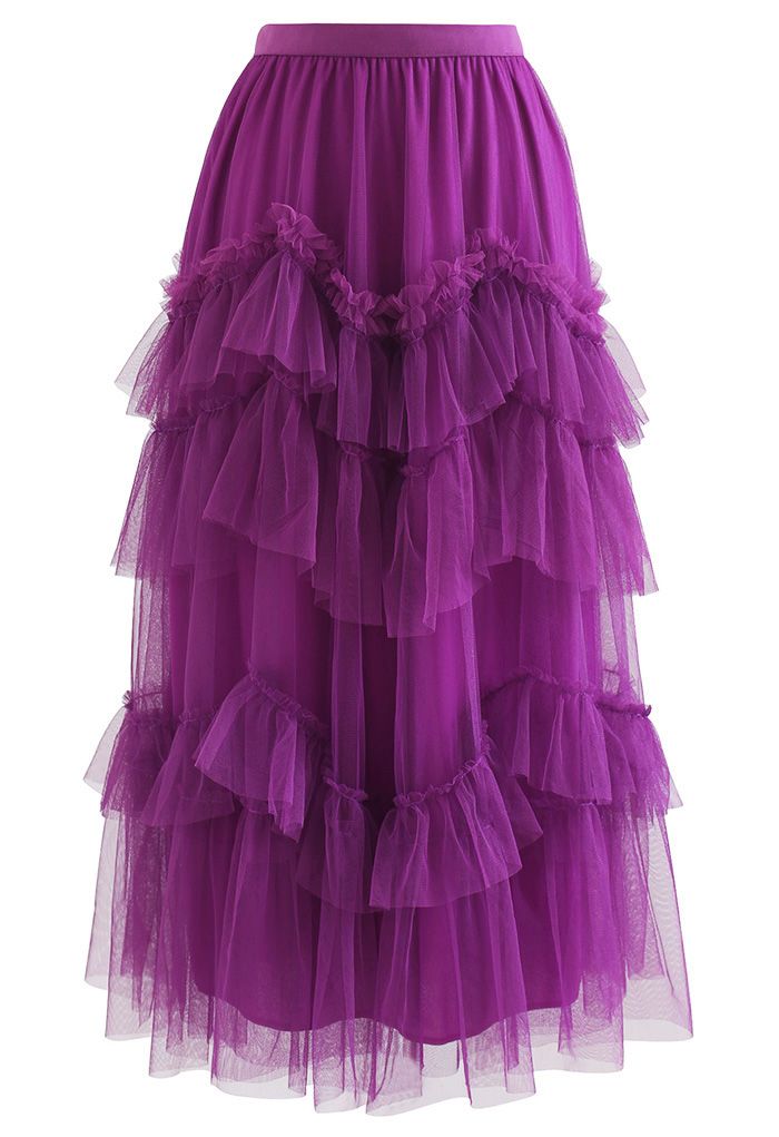 Exquisite Tiered Ruffle Mesh Tulle Skirt in Magenta