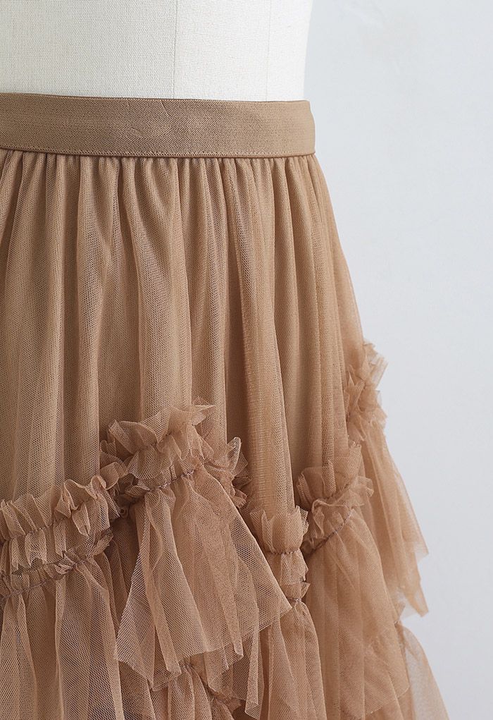 Exquisite Tiered Ruffle Mesh Tulle Skirt in Caramel