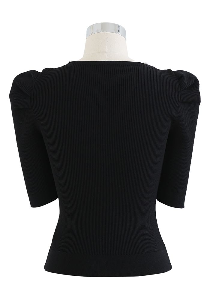 Pearly Neckline Elbow Sleeve Knit Top in Black