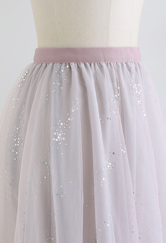 Shimmery Sequin Mix-Color Mesh Maxi Skirt in Dusty Pink