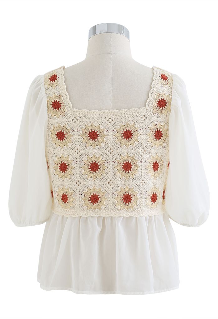 Boho Cream Floral Crochet Spliced Top