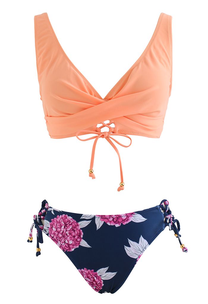 Front Cross Lace Up Bikini Set in Orange