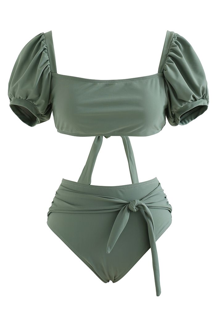 Square Neck Tie Knot Bikini Set in Army Green