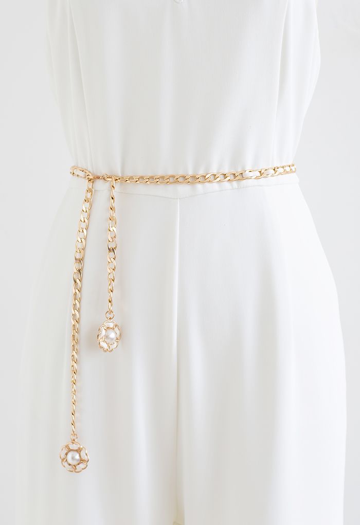 Floral Pearl Faux Leather Gold Chain Belt in Ivory