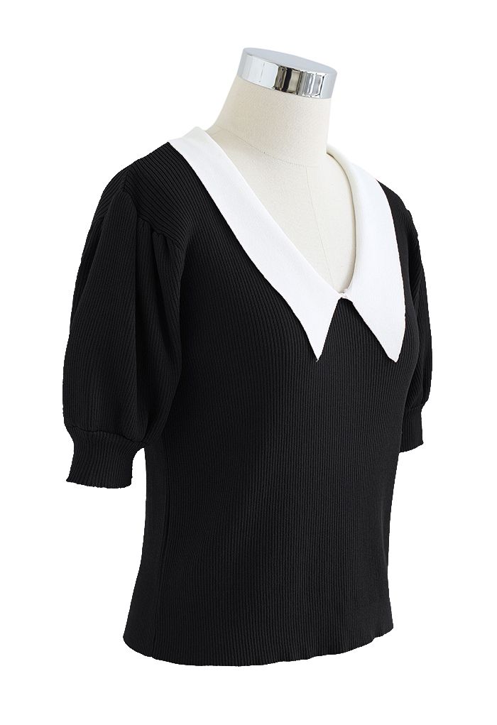 Contrast Pointed Collar Short Sleeve Knit Top in Black