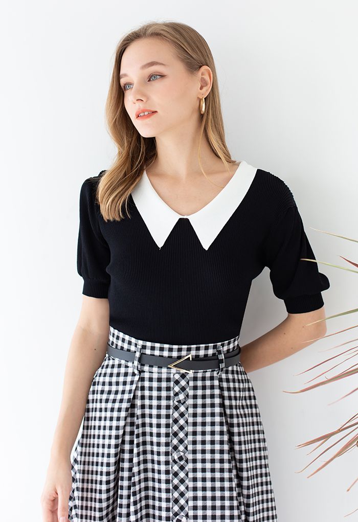 Contrast Pointed Collar Short Sleeve Knit Top in Black