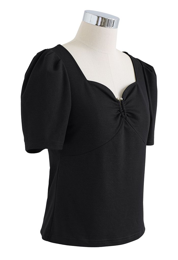 Metallic U-Shape Sweetheart Neck Top in Black