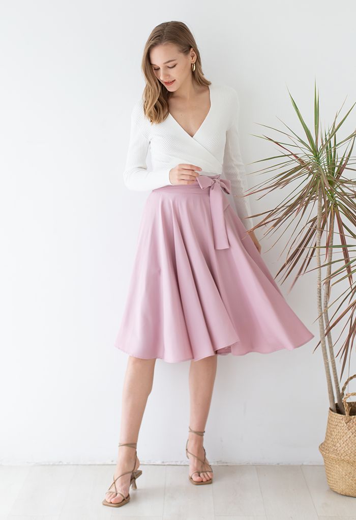 Flare Hem Bowknot Waist Midi Skirt in Pink