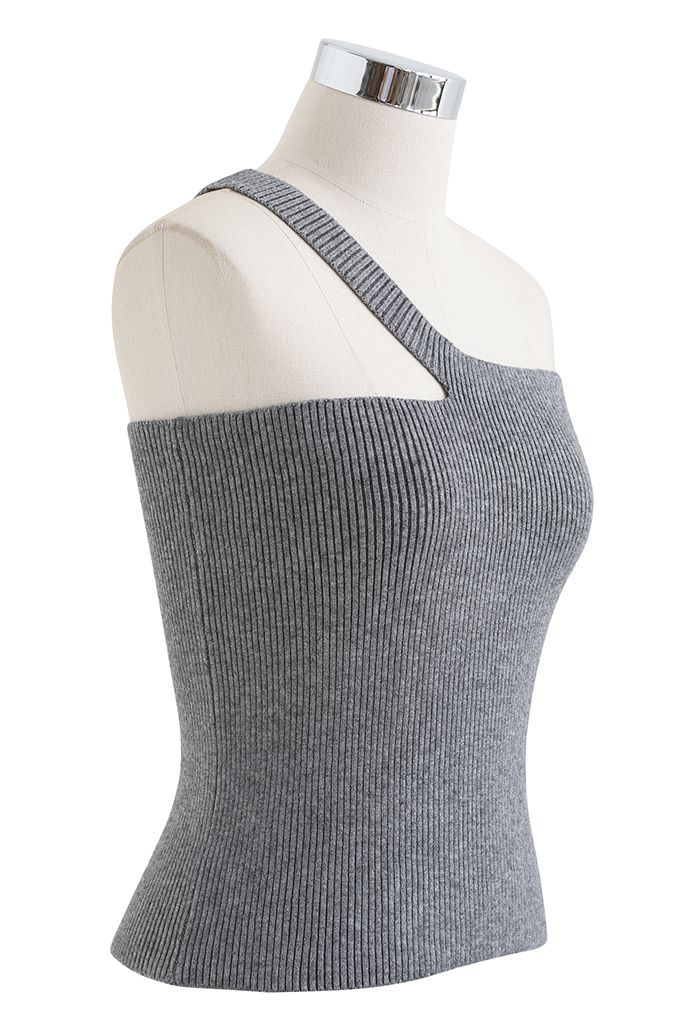 Oblique Shoulder Crop Knit Tank Top in Grey