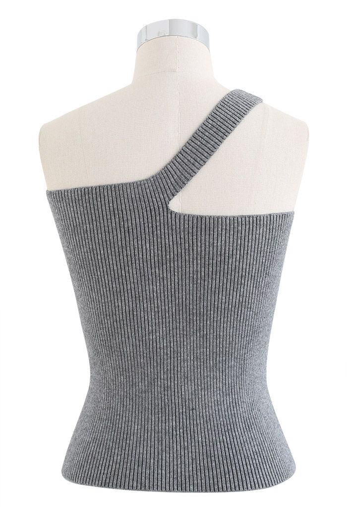 Oblique Shoulder Crop Knit Tank Top in Grey