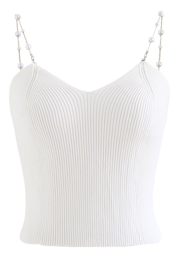 Cropped Knit Pearly Tank Top in White