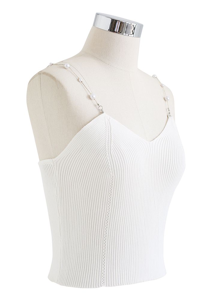 Cropped Knit Pearly Tank Top in White