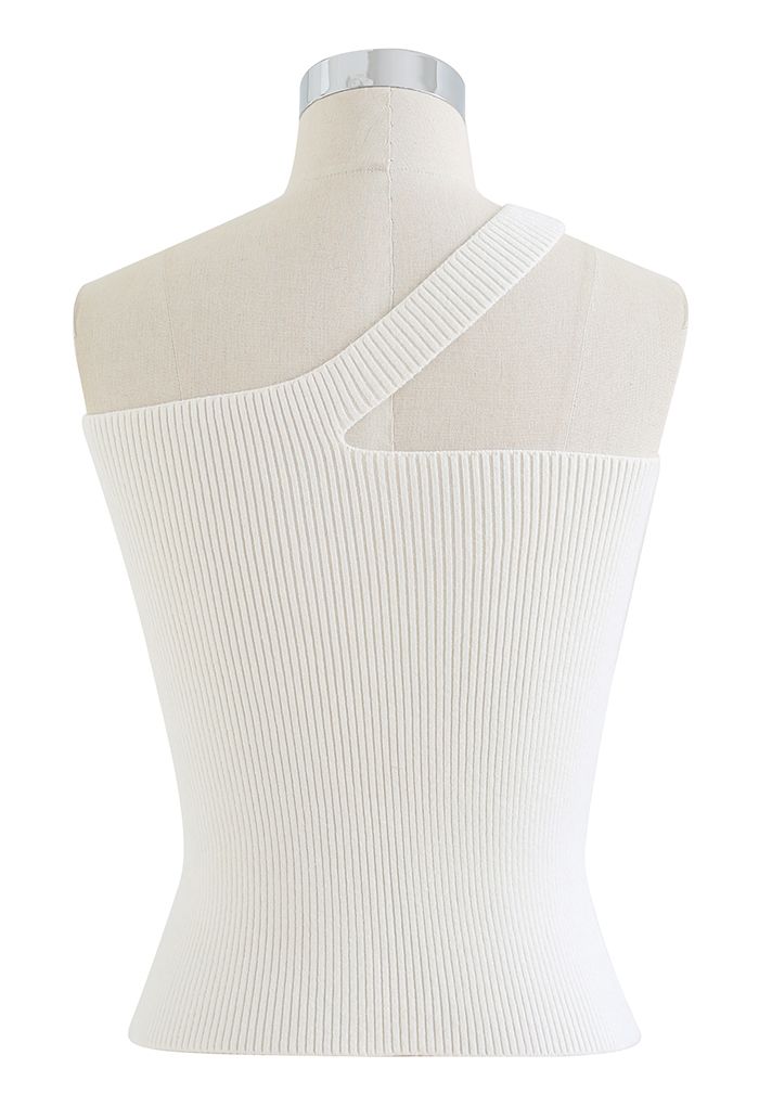 Oblique Shoulder Crop Knit Tank Top in White