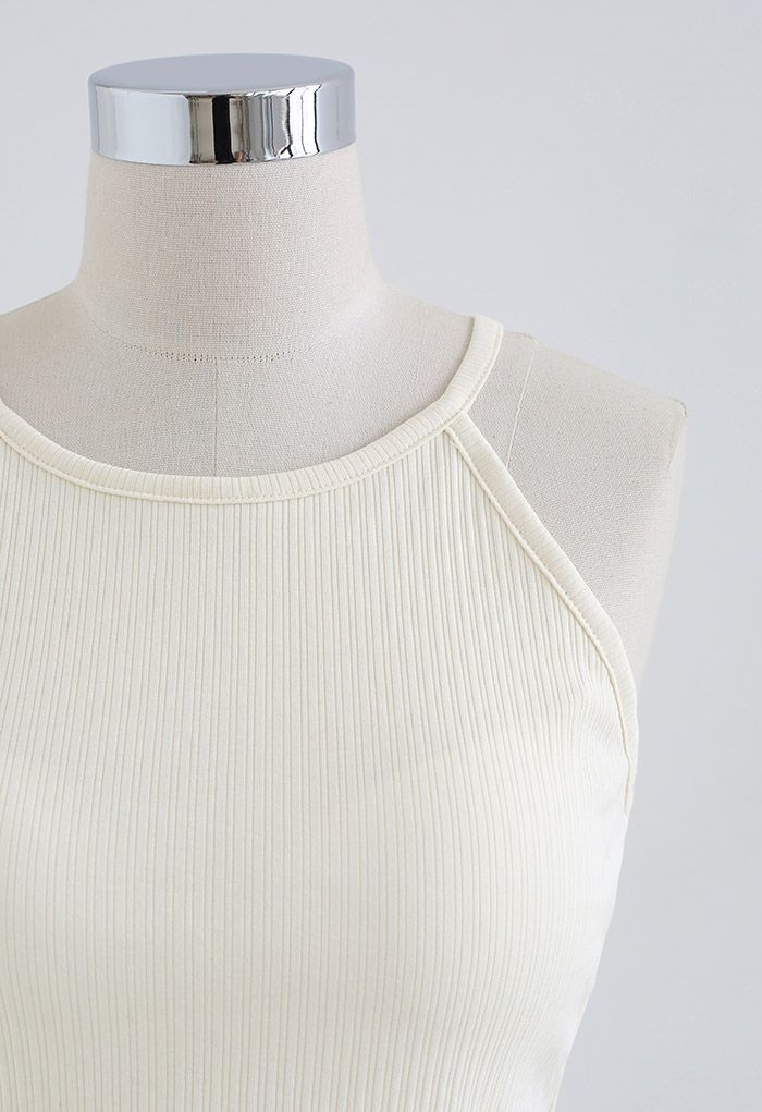 Halter Neck Racer Back Ribbed Top in Cream