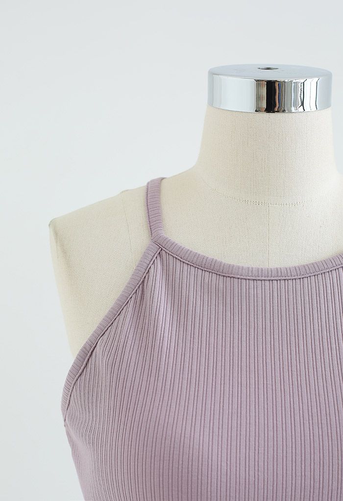 Halter Neck Racer Back Ribbed Top in Lilac