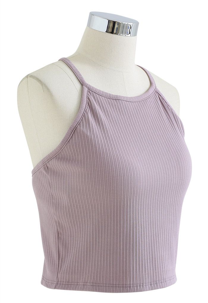 Halter Neck Racer Back Ribbed Top in Lilac