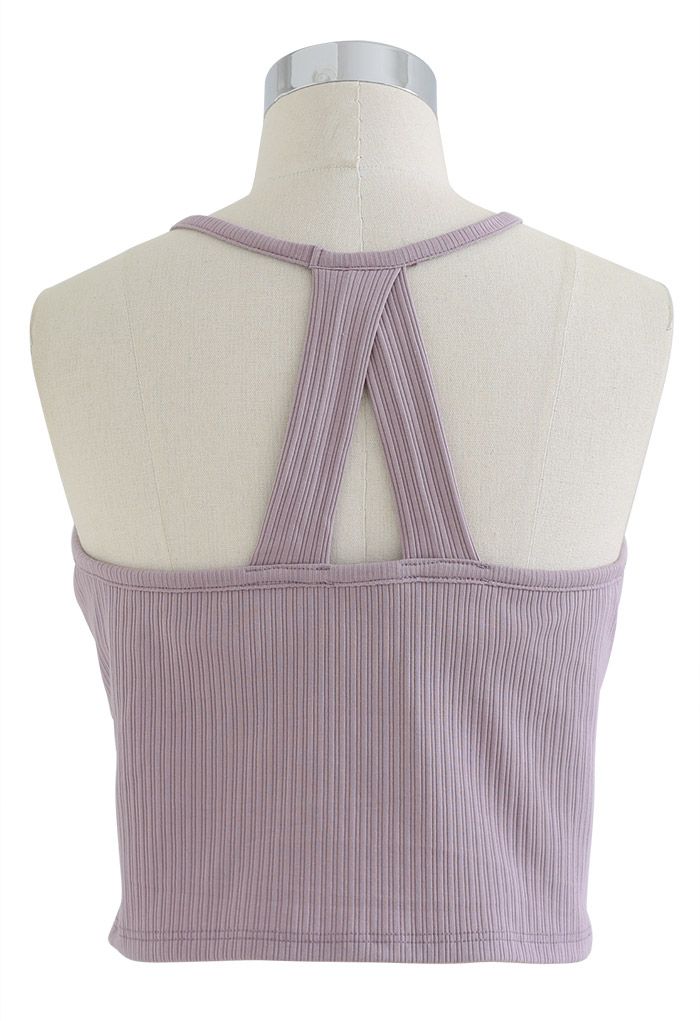 Halter Neck Racer Back Ribbed Top in Lilac