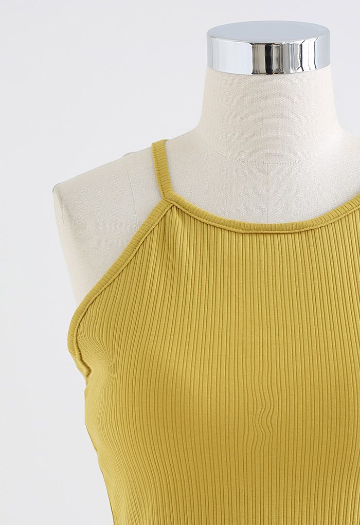 Halter Neck Racer Back Ribbed Top in Mustard