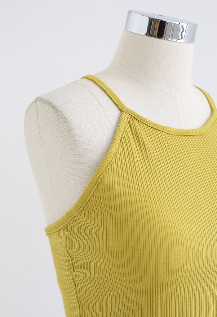 Halter Neck Racer Back Ribbed Top in Mustard