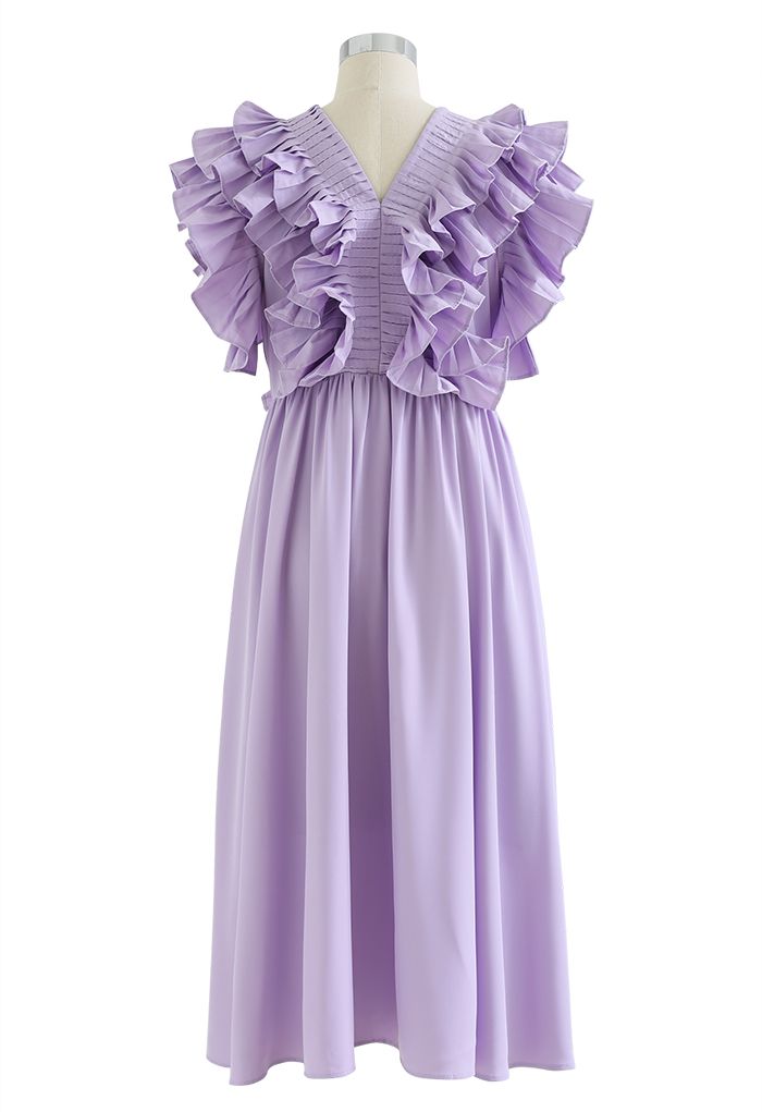 Pleated Ruffle Buttoned Deep V-Neck Dress in Lilac