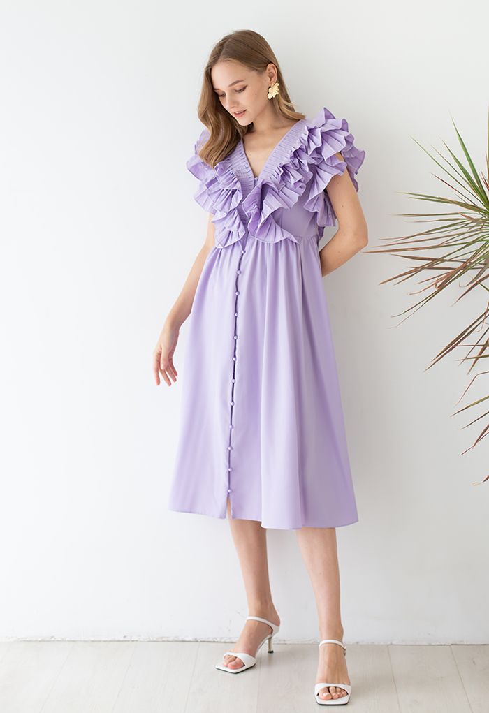 Pleated Ruffle Buttoned Deep V-Neck Dress in Lilac