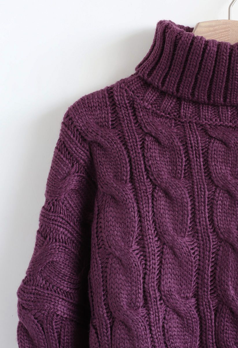 Turtleneck Braid Knit Crop Sweater in Berry