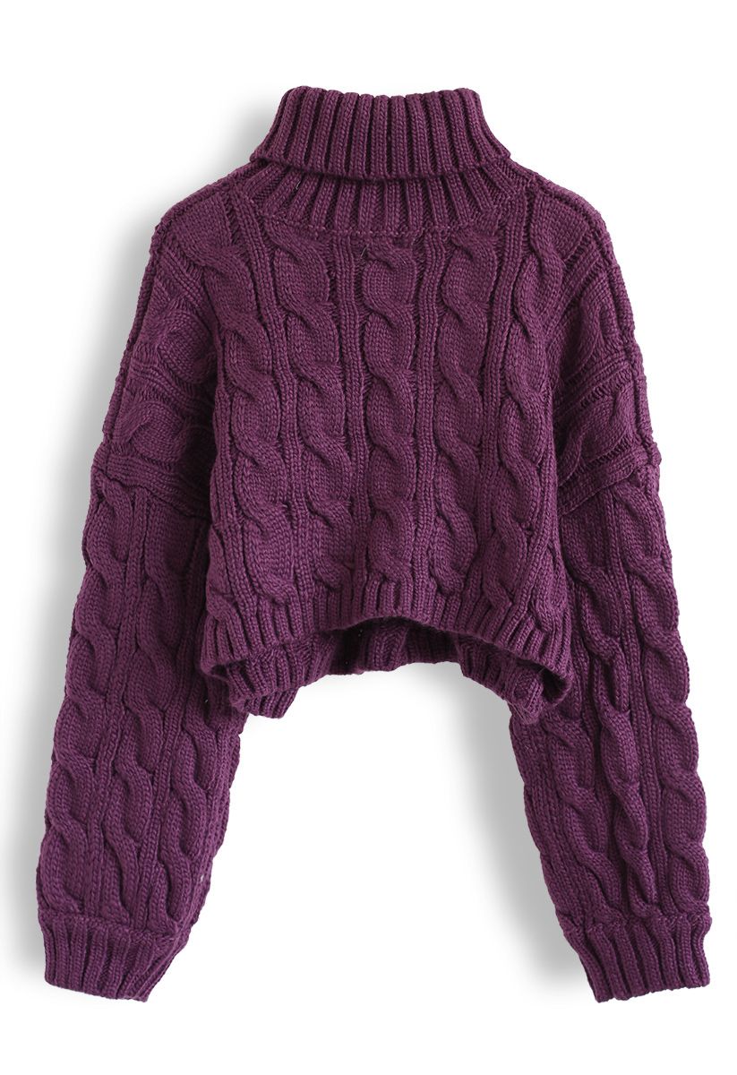 Turtleneck Braid Knit Crop Sweater in Berry